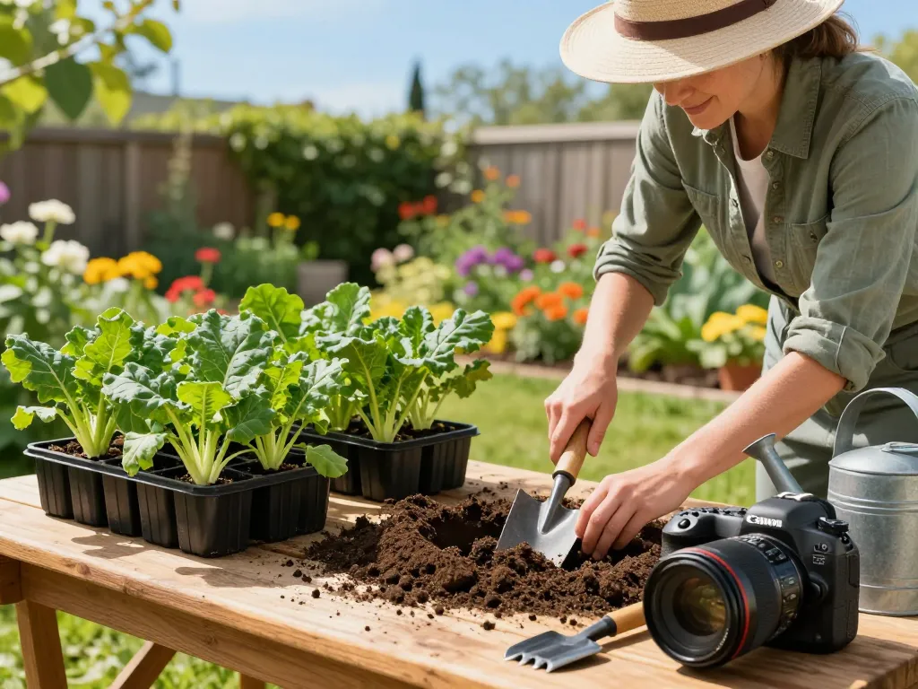 Lauch pflanzen kaufen: A gardener planting fresh lauch plants in a vibrant backyard garden setting.