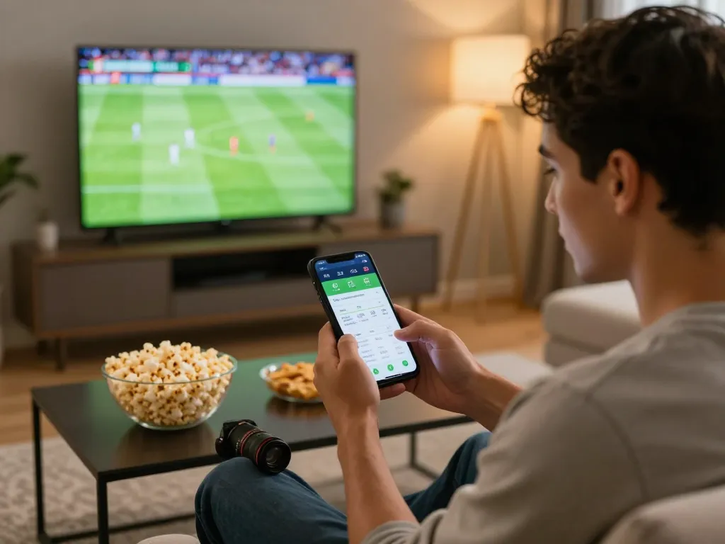 Engaging in soi kèo bóng đá while comfortably betting on a sports event via mobile app in home setting