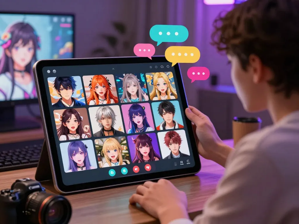 Dynamic scene of a user engaging in hentai AI chat with vibrant anime avatars and colorful dialogue bubbles.