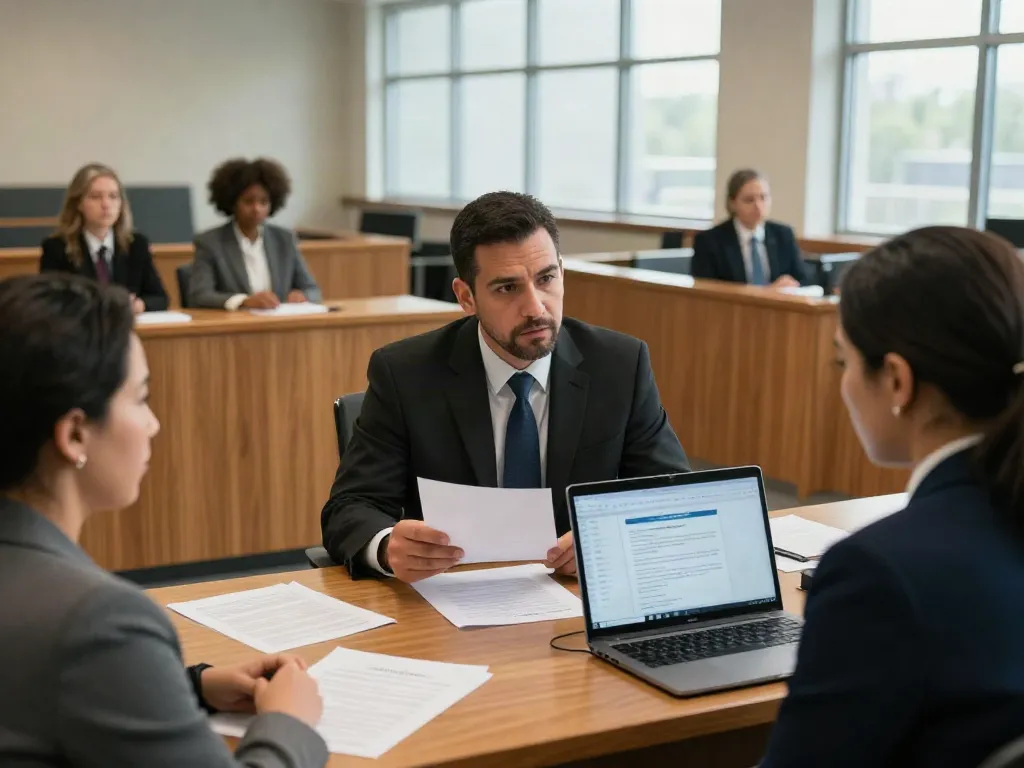 Cobb officer DUI legal consultation with attorney and client at courthouse.