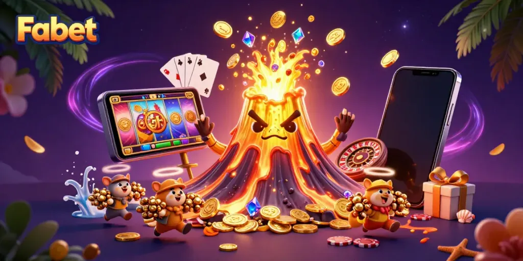Fabet brings excitement with a vibrant scene featuring a golden volcano, treasure, and casino game elements.