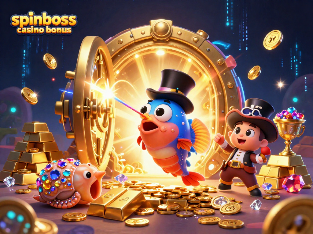 Gewinne mit dem SpinBoss Casino Bonus: Anglerfisch und seltene Schätze in 3D-Illustration.