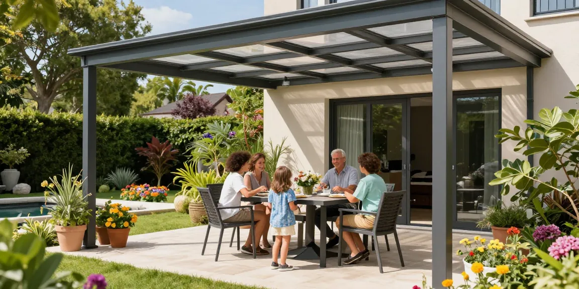 Genießen Sie unter der freistehenden Terrassenüberdachung einen sonnigen Tag mit Familie und Freunden im Garten.