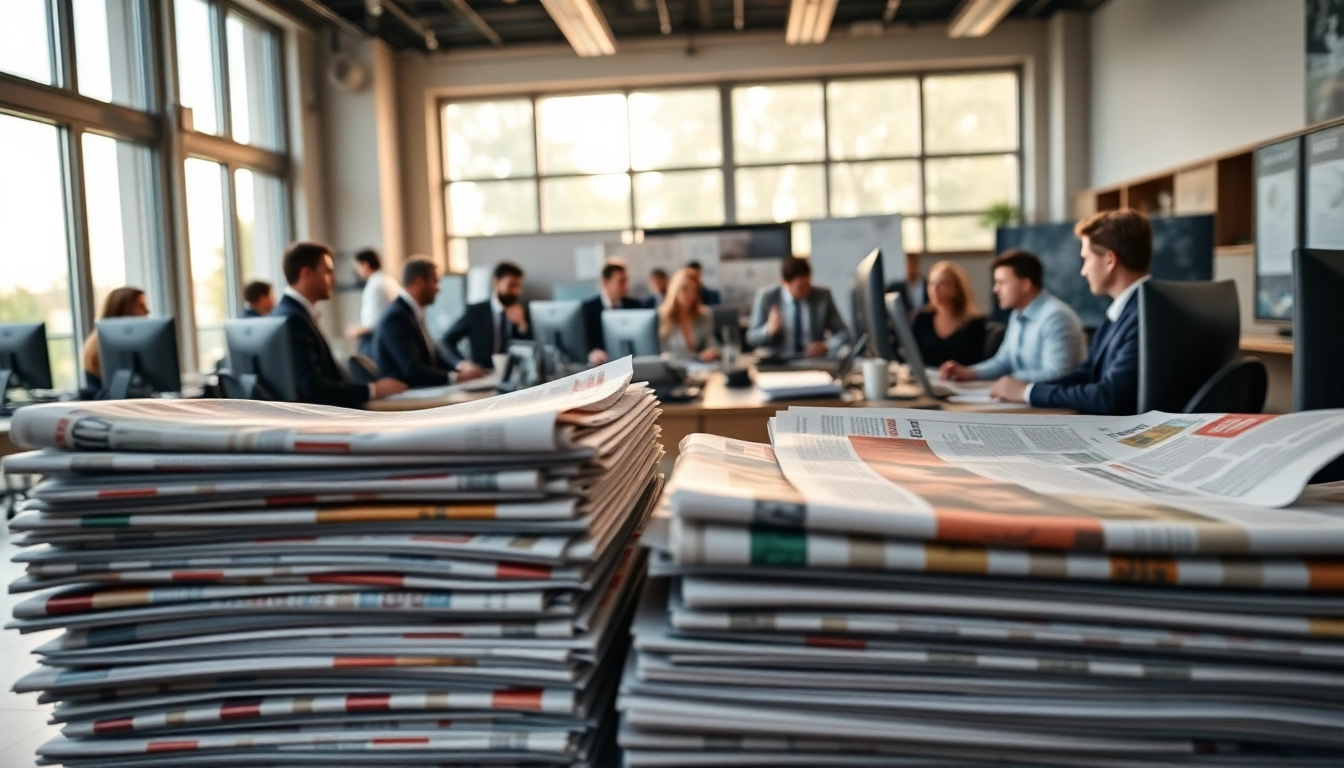 Aktuelle Meldungen: Journalists collaborating in a busy newsroom filled with newspapers.
