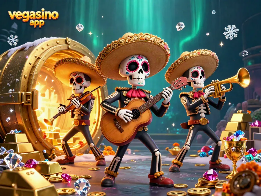 Enjoy vibrant features of the vegasino app in a lively 3D casino scene with a mariachi band.