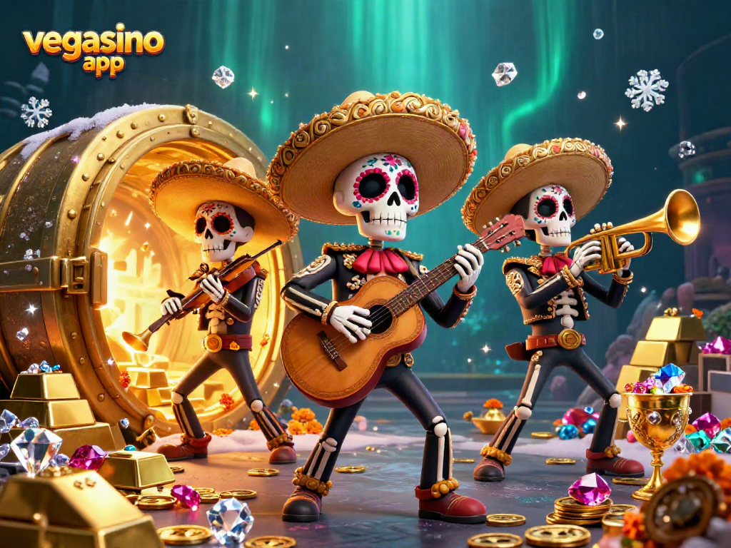 Enjoy vibrant features of the vegasino app in a lively 3D casino scene with a mariachi band.