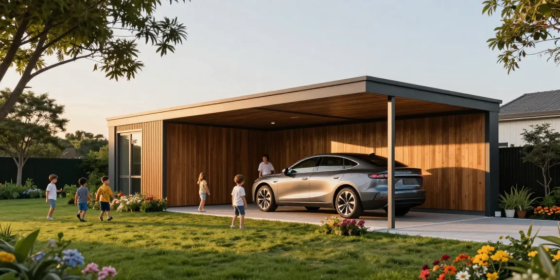 Moderne Carport-Installation schützt das Auto und bietet Platz für Spielbereiche.