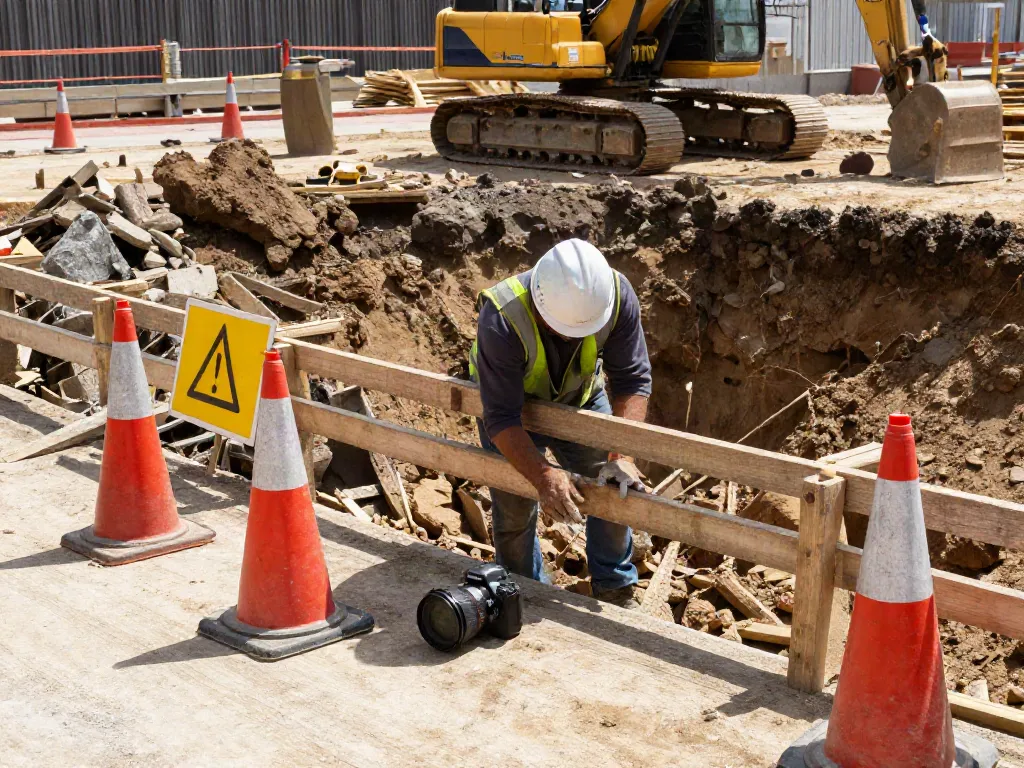 Absicherung von Baugruben durch Bauarbeiter mit Sicherheitshelm und Schutzvorrichtungen an einer Baustelle.