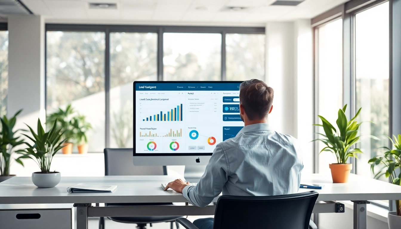 Visualisierung eines Lead-Generierung Assistenten in einem modernen Büro mit Statistiken und Grafiken zur Lead-Generierung auf einem Computer.