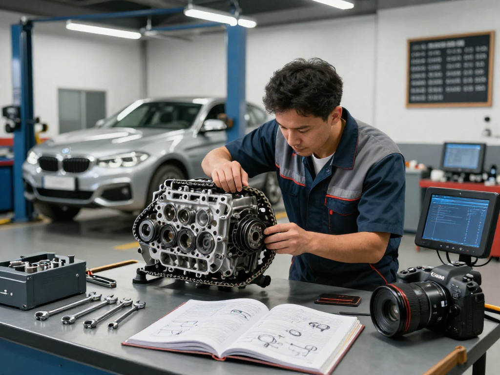 Professioneller Mechaniker bei BMW Steuerkette wechseln in Meisterwerkstatt.