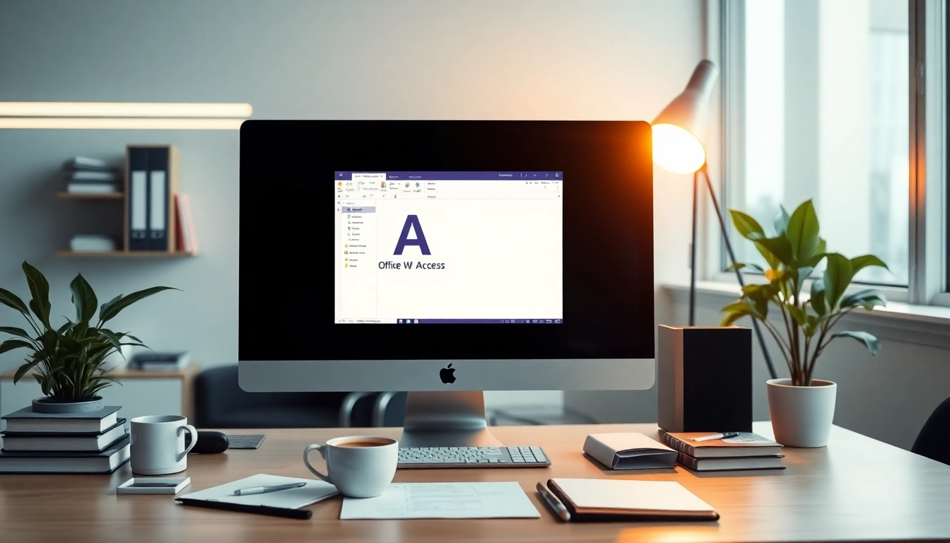 Visualisieren Sie das Arbeiten mit Office mit Access 2024 in einem modernen Büro, das eine kreative Atmosphäre ausstrahlt.
