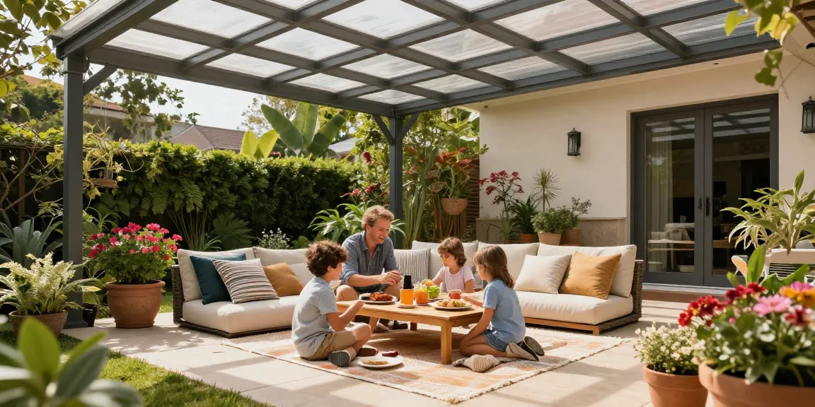 Moderne Terrassenüberdachung mit Familie, die einen sonnigen Tag auf der Terrasse genießt.