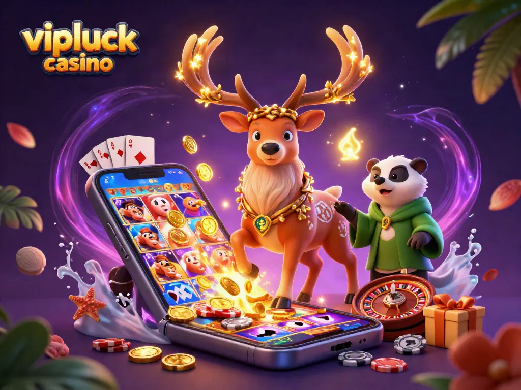 Experience the magic of vipluck casino with a dynamic illustration of gaming elements and characters.
