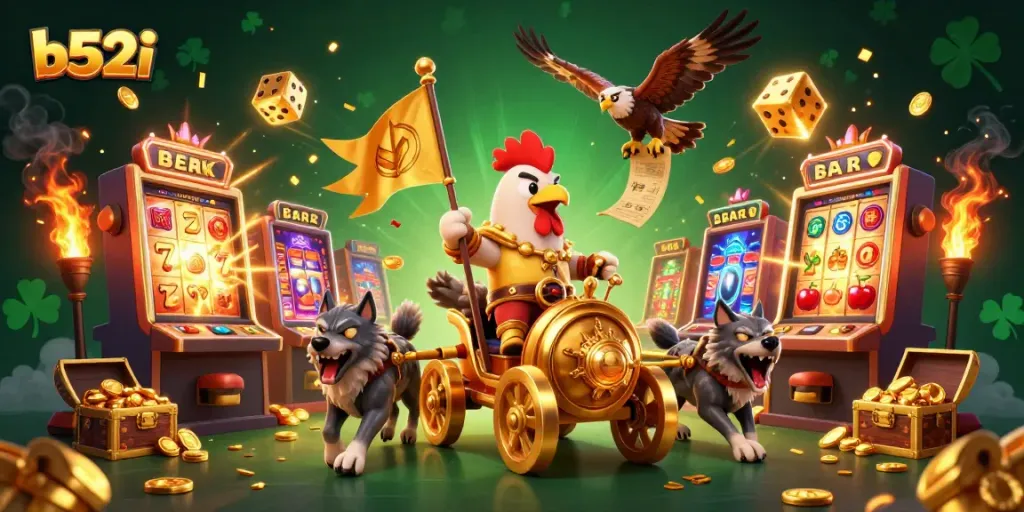 Witness the b52i rooster warlord amidst a vivid casino explosion of jackpots and colorful symbols.