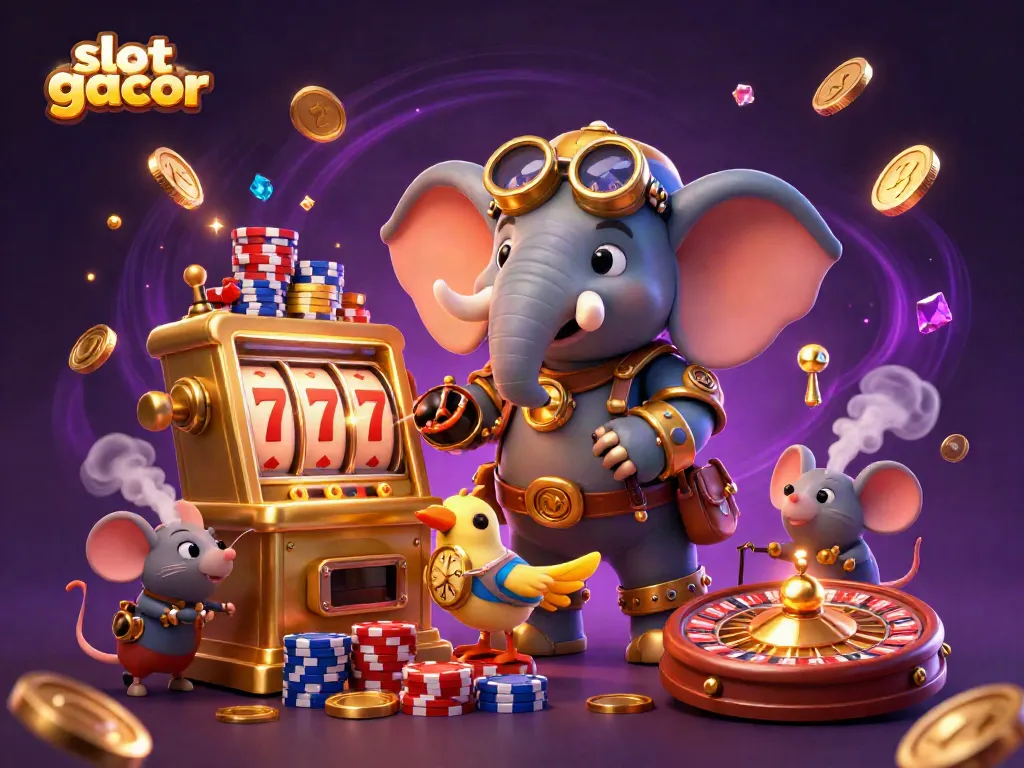 Experience the excitement of slot gacor wins with a whimsical steampunk scene and dynamic casino action.