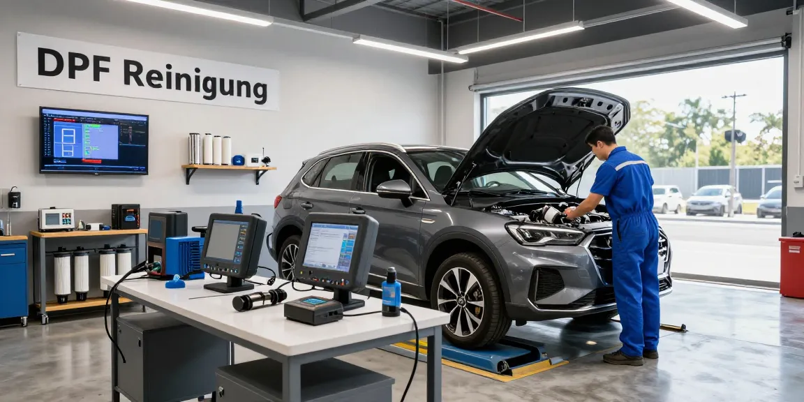 Dpf Reinigung Laatzen in einer modernen Werkstatt, Techniker bei der Arbeit an einem Dieselauto, professionelle Atmosphäre.