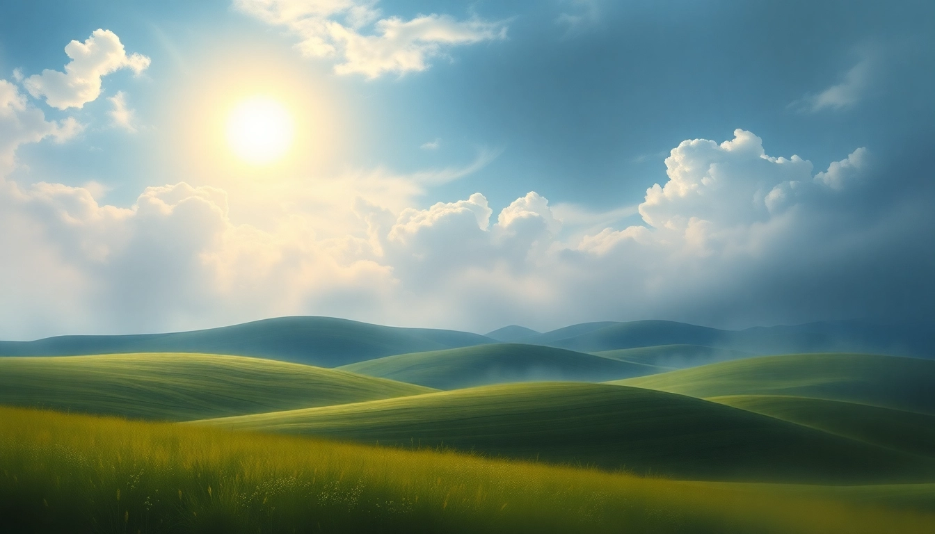 Klima zeigt eine ruhige Landschaft mit wechselndem Wetter und sanften Hügeln, ideal für Naturfreunde.