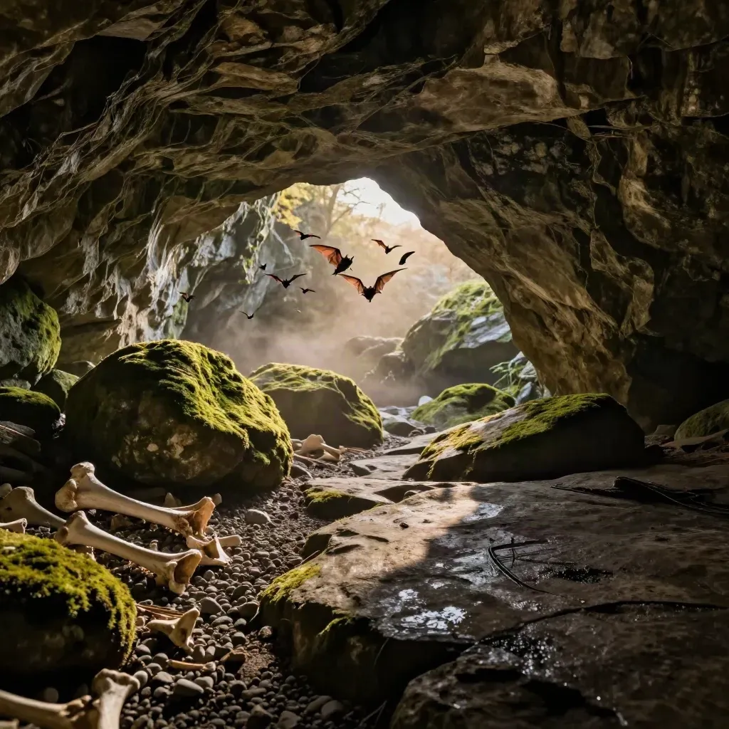 Fledermäuse fliegen aus einem Höhleneingang zwischen Moos und Knochen im letzten Licht.