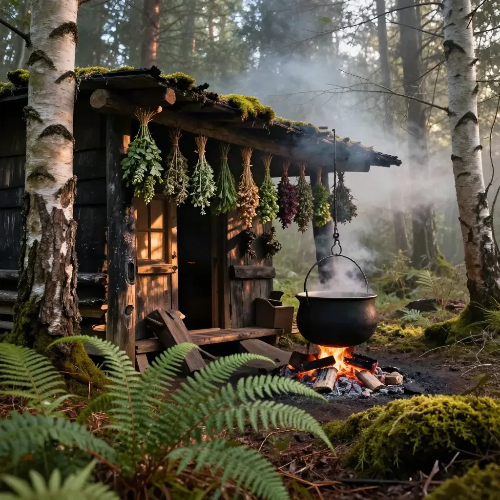 Räuchende Waldhütte mit Kräuterbündeln, Kessel über Glut und nassen Farnen im Morgennebel.