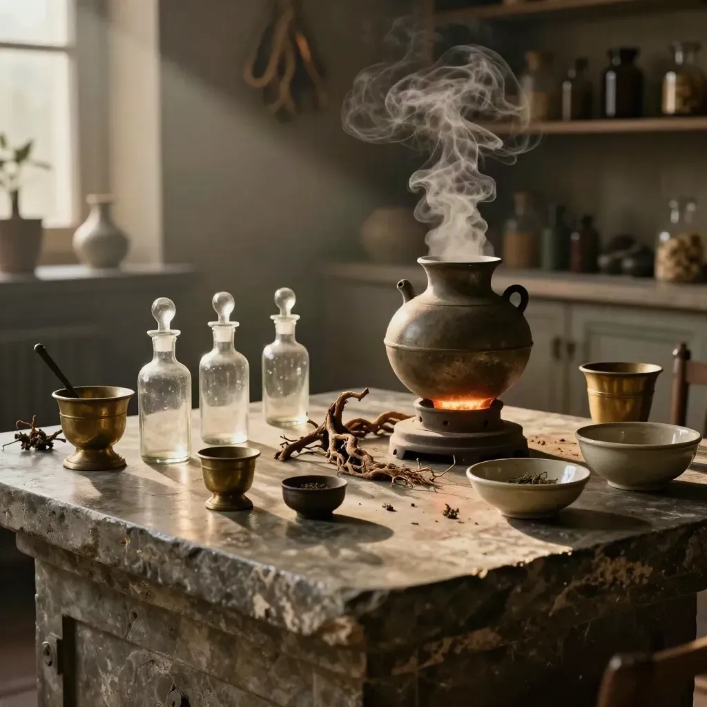 Steinerne Alchemie-Arbeitsfläche mit Fläschchen, Mörsern, Wurzeln und aufsteigendem Dampf