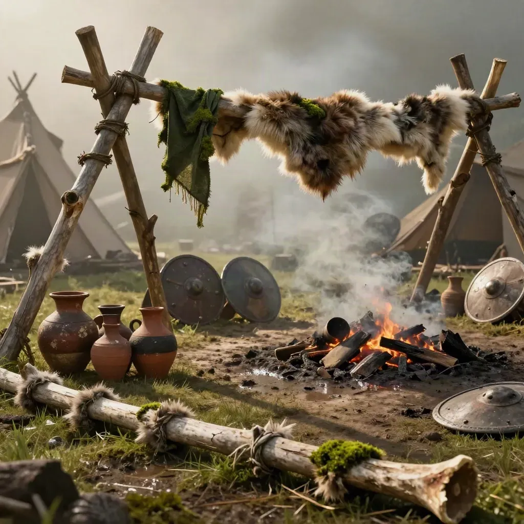 Goblinlager mit Knochenstangen, Fellen, Tonkrügen, Schilden und glimmender Feuerstelle im Schlamm.