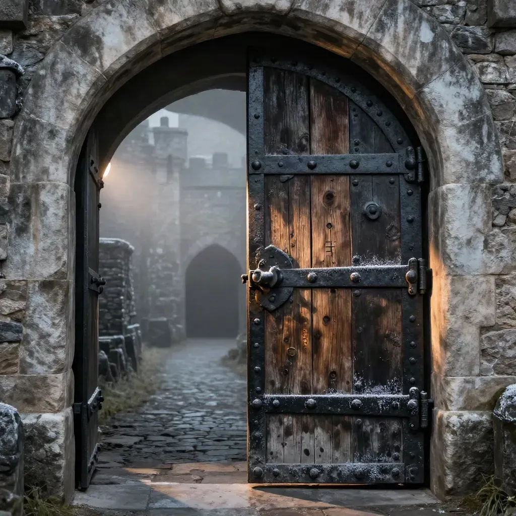Runen glimmen an einem halb offenen Burgtor aus Eisen und altem Eichenholz im Nebel.