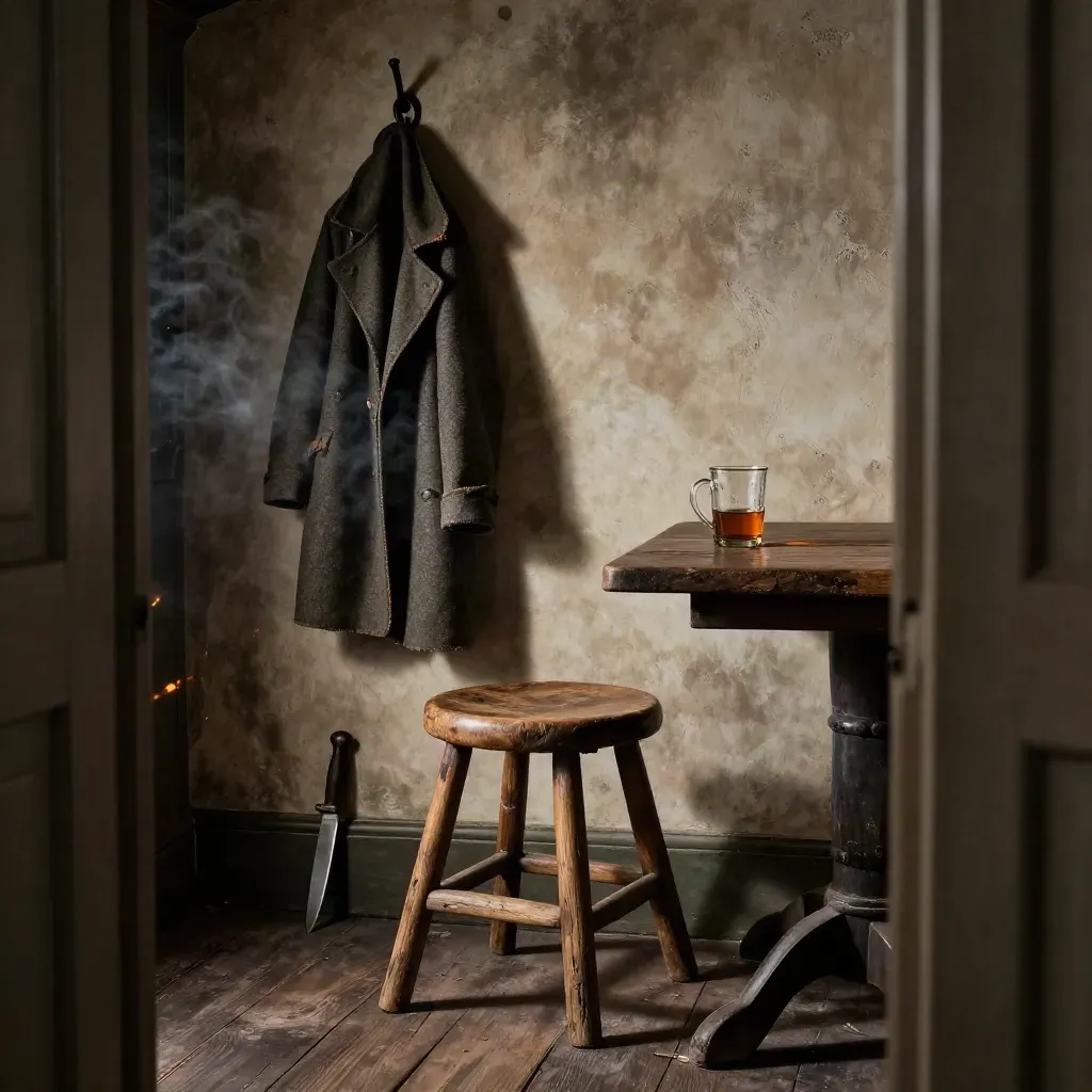Leere Tavernen-Ecke mit Hocker, Mantel, Krug und warmem Schatten