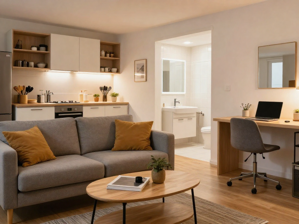 Komfortable Monteurzimmer in Hannover, modernes Wohnzimmer mit Küche und hellen Badezimmerdetails.