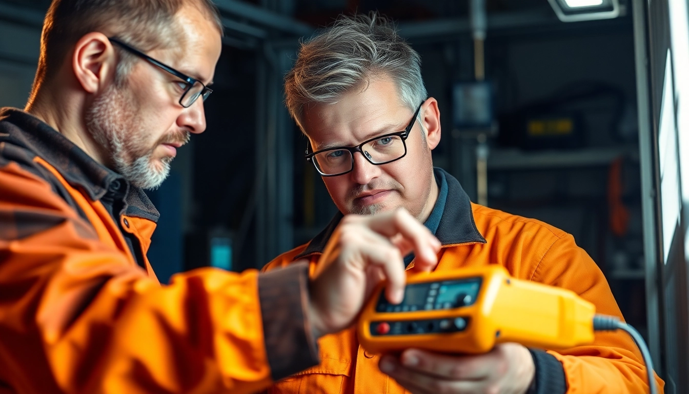 Prüfung ortsveränderlicher elektrischer Betriebsmittel durch einen Elektrofachmann in professioneller Umgebung.