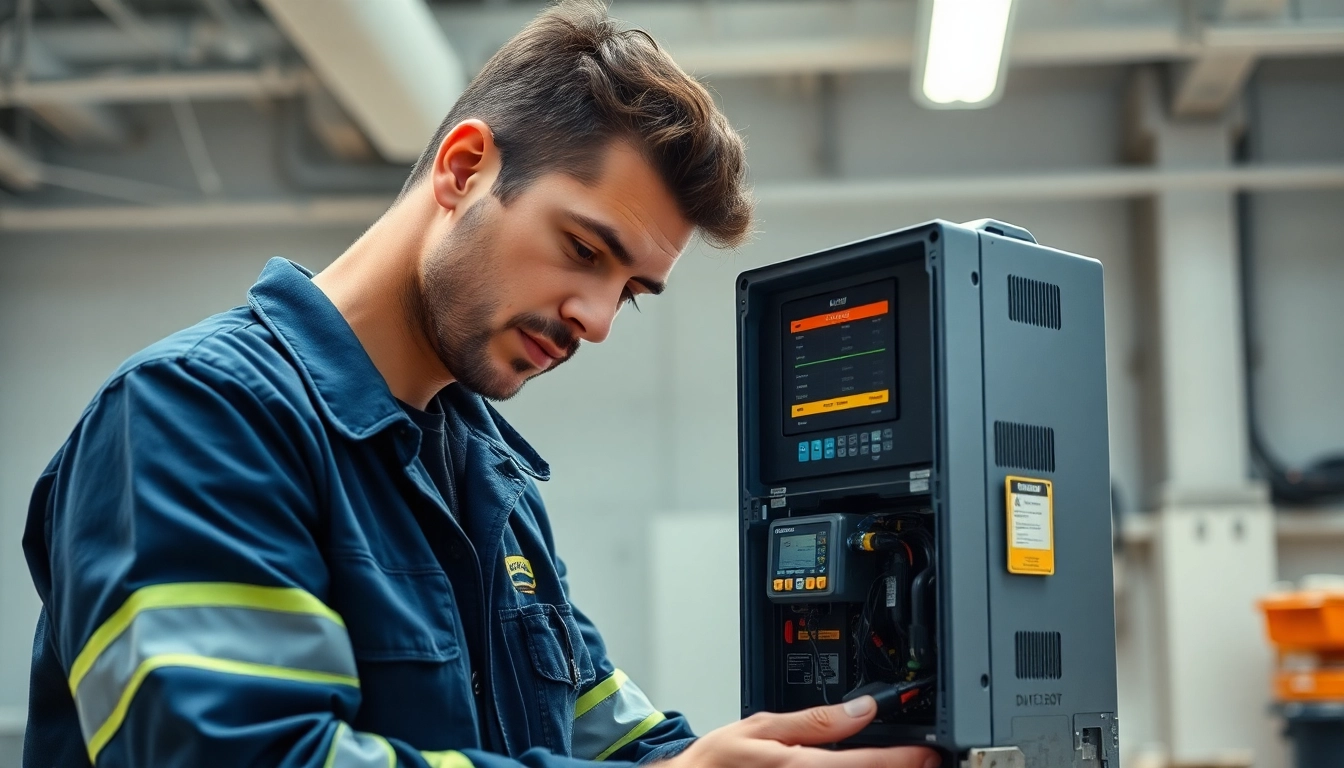 Inspecting a portable electrical device during Prüfung ortsveränderlicher elektrischer Betriebsmittel for safety compliance.