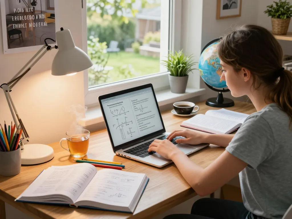 Student konzentriert auf Hausaufgaben lösen an einem gemütlichen Schreibtisch mit Lehrbüchern und Notizen.