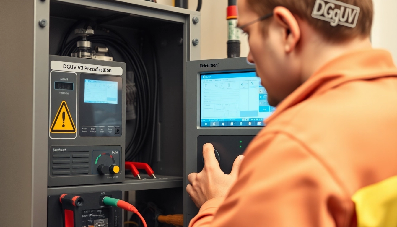 Electrician conducting a DGUV V3 Prüfung with precision on testing equipment, showcasing safety protocols essential for workspace.