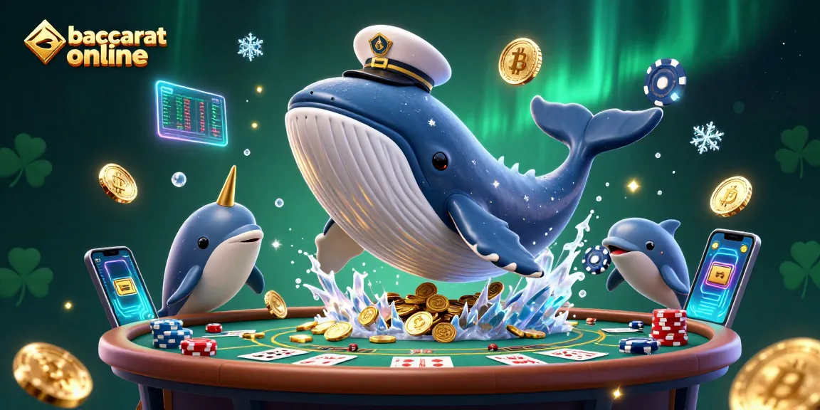 Baccarat online scene featuring a whale, narwhal, and dolphins among casino elements.