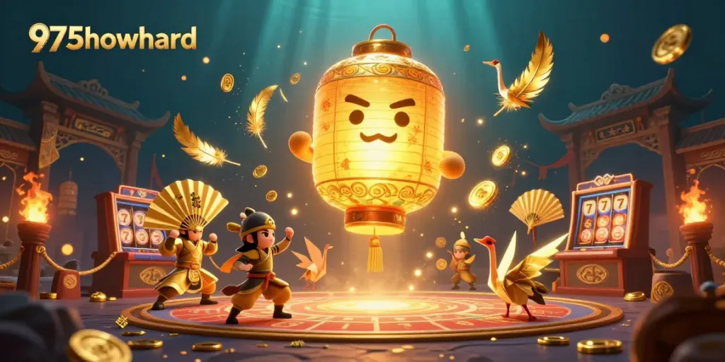 Engage with 975howard's dynamic casino showdown featuring a floating golden lantern spirit and interactive slot machine elements.