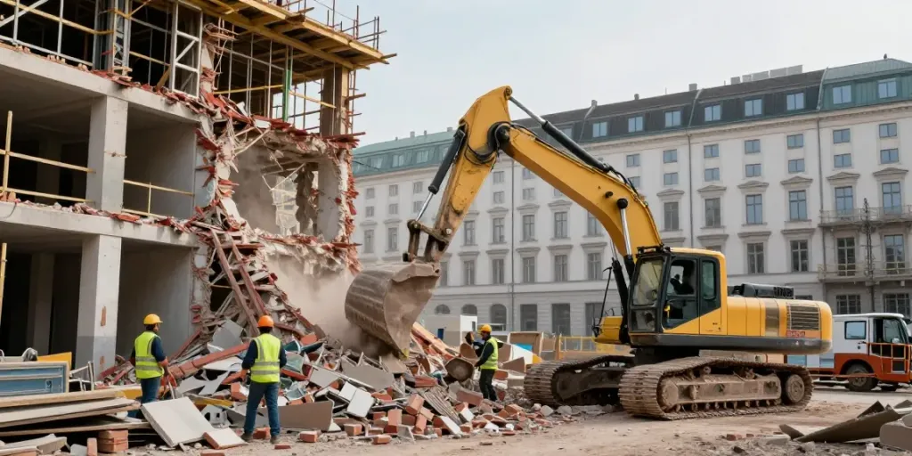 Professionelle Abrissarbeiten in Wien mit Arbeitern und schwerem Gerät.