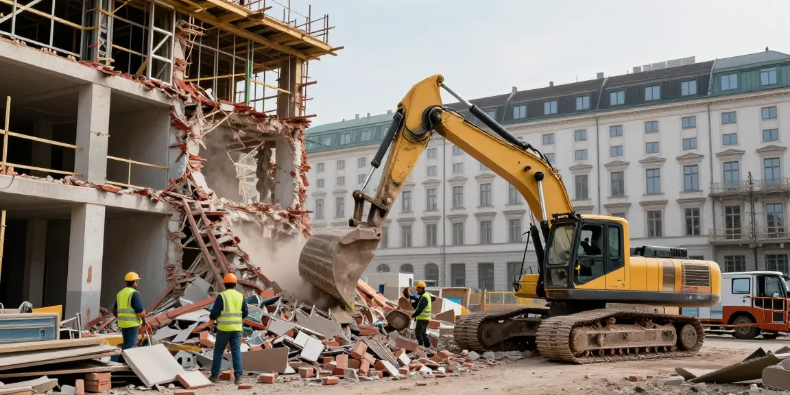 Professionelle Abrissarbeiten in Wien mit Arbeitern und schwerem Gerät.
