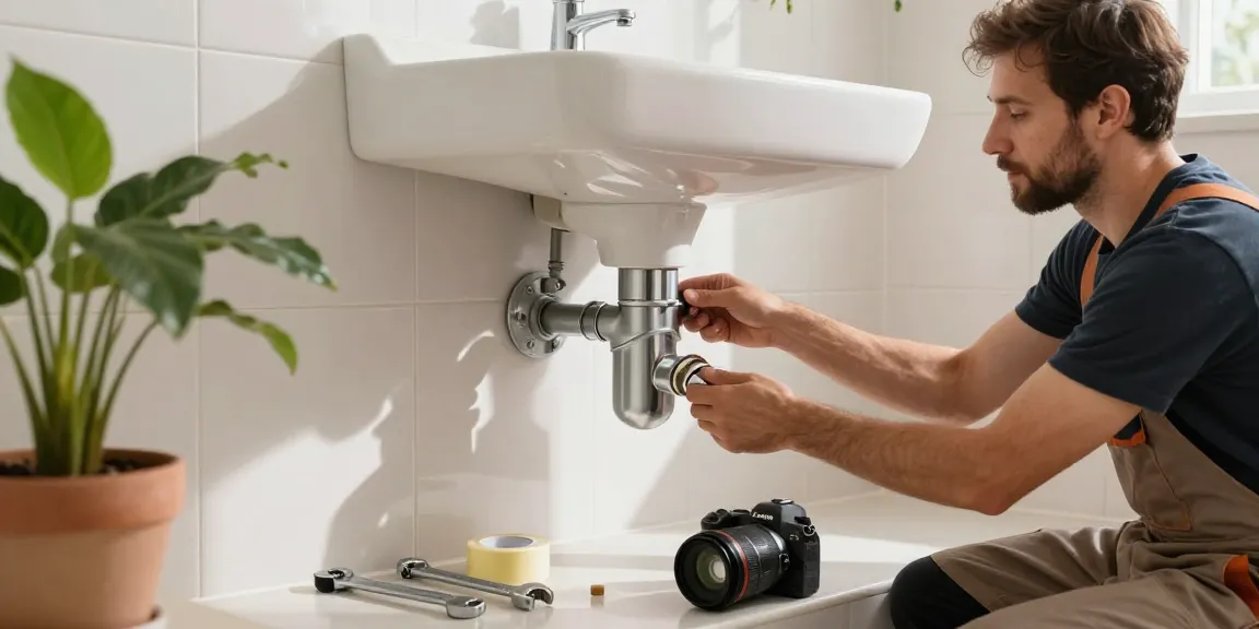Sifoninstallatie onder een gootsteen in een moderne badkamer, met sanitair gereedschap en een heldere ruimte.