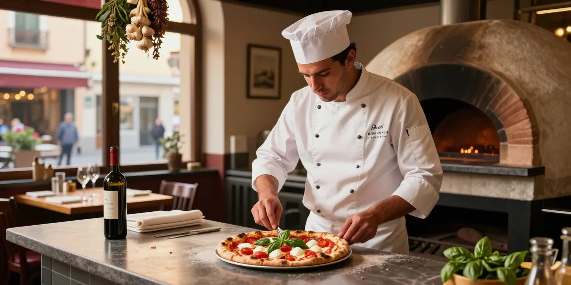 Chef preparing Margherita pizza in a warm Italian kitchen, emphasizing pg soft ingredients and authentic cooking style.