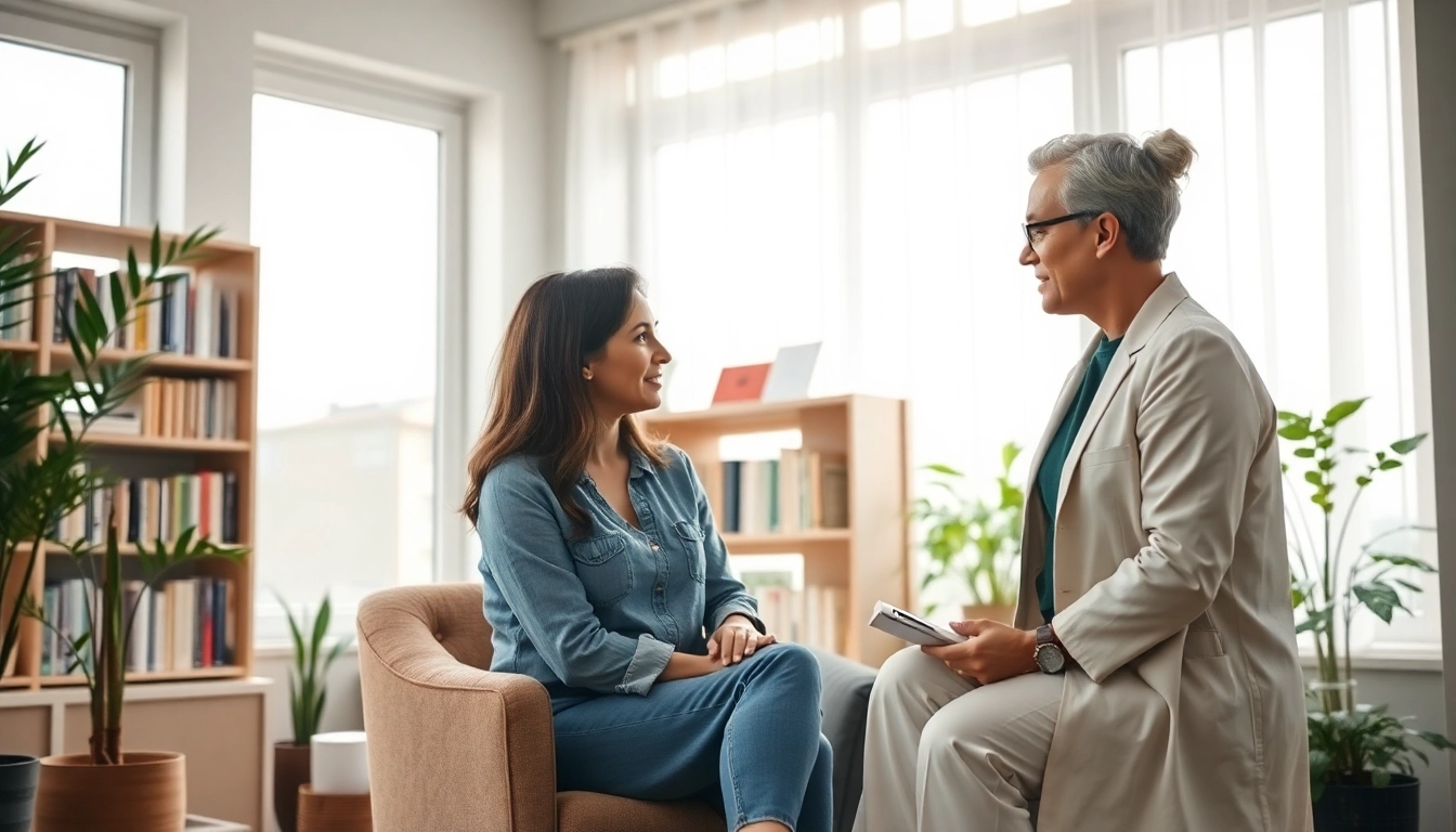 Enhancing emotional wellbeing with a therapist guiding individuals in a calming office.