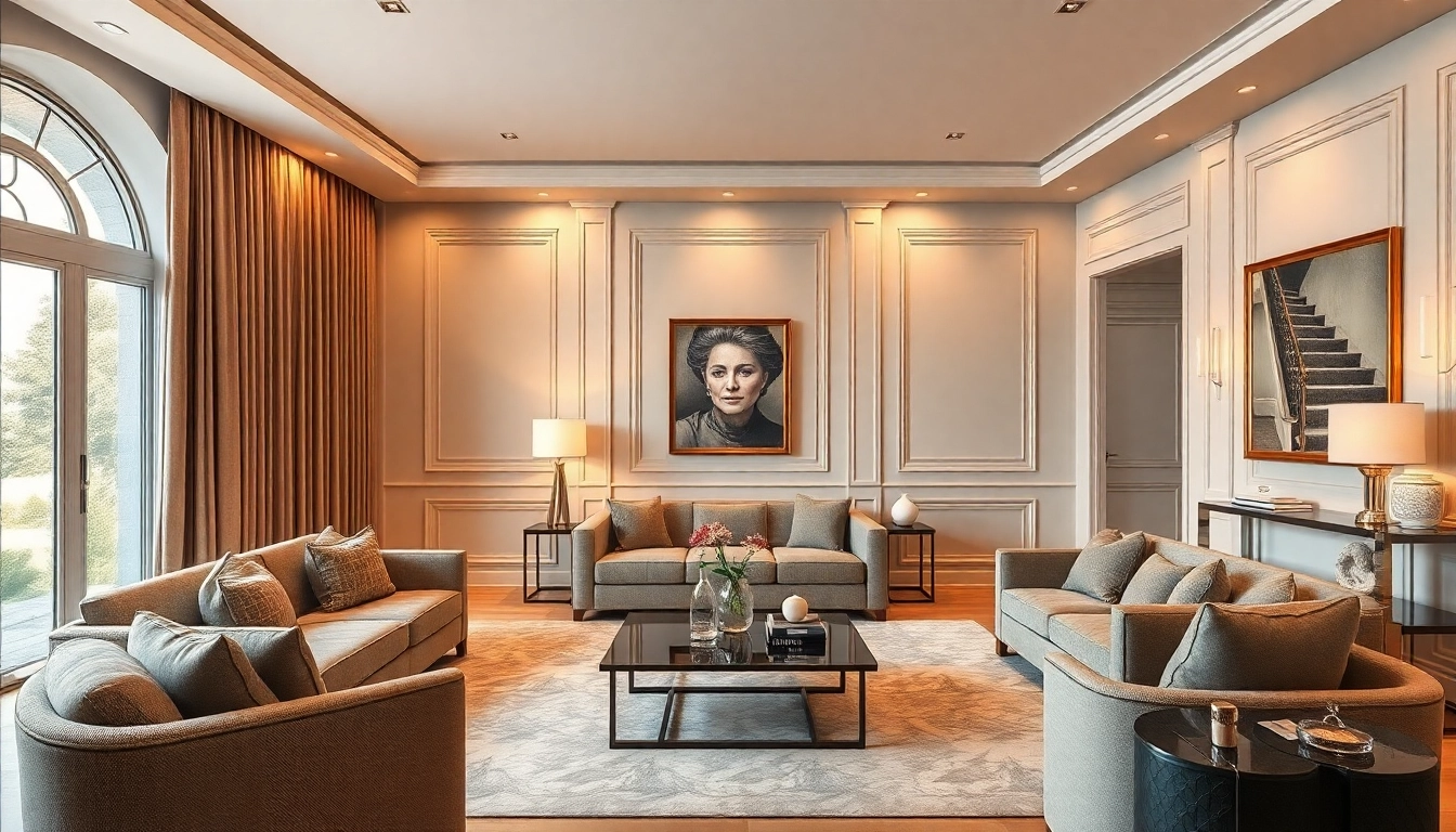 Experience luxury in an elegantly furnished living room with warm lighting and modern decor.