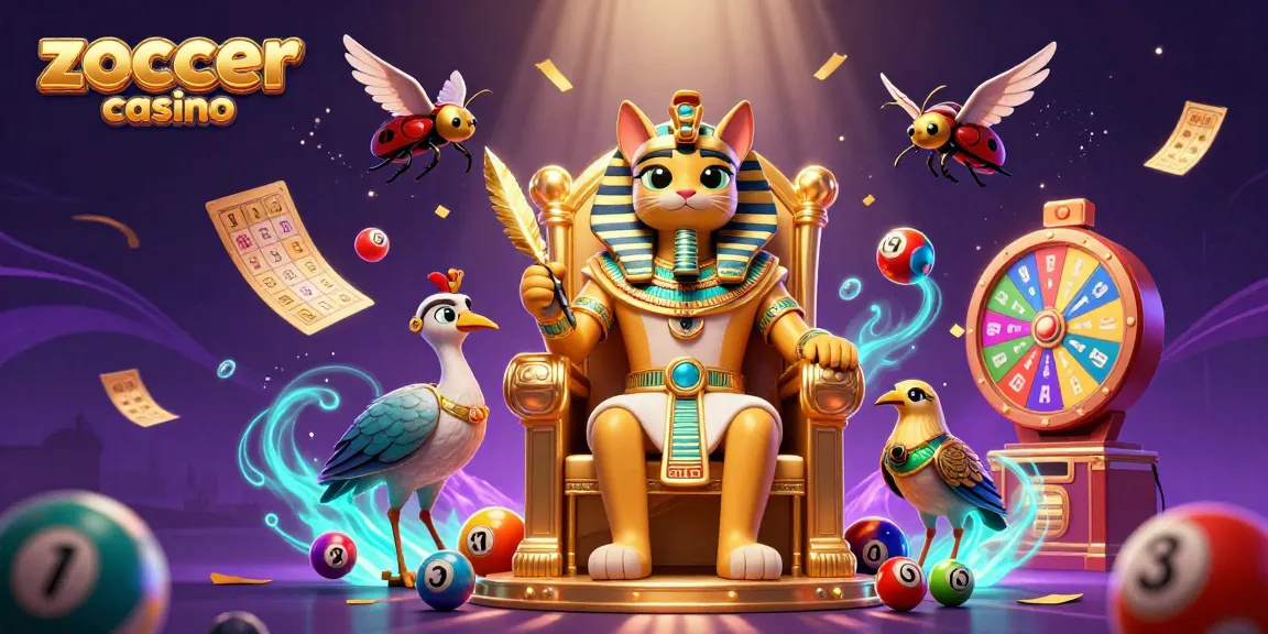Experience the thrill at Zoccer Casino with a vibrant scene of a pharaoh cat, colorful balls, and dynamic casino elements.
