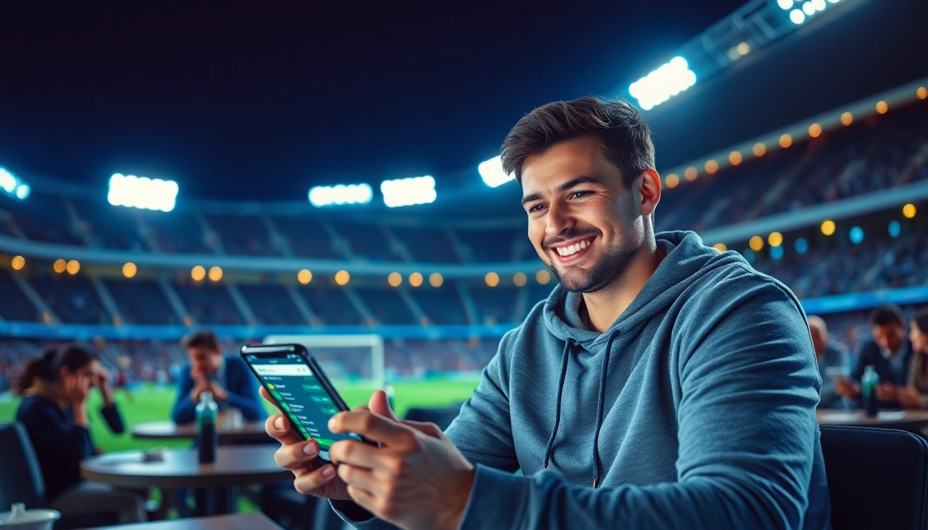 Ein leidenschaftlicher Wettfreund nutzt eine Sportwetten-App auf seinem Smartphone, um Wettchancen zu prüfen und den Nervenkitzel des Spiels zu genießen.
