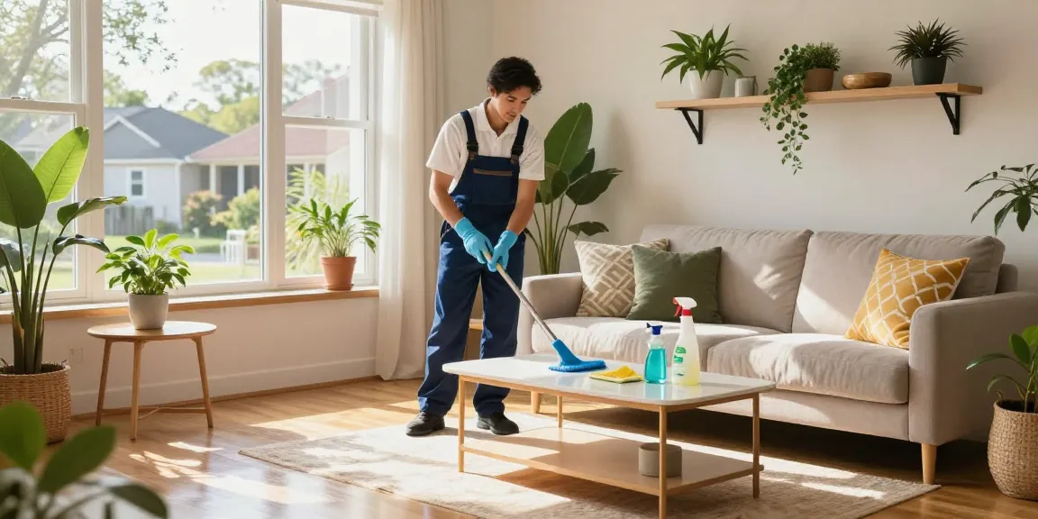 Professional cleaner at work in a bright living room, showcasing effective putzfirma bern services with attention to detail and a sparkling environment.