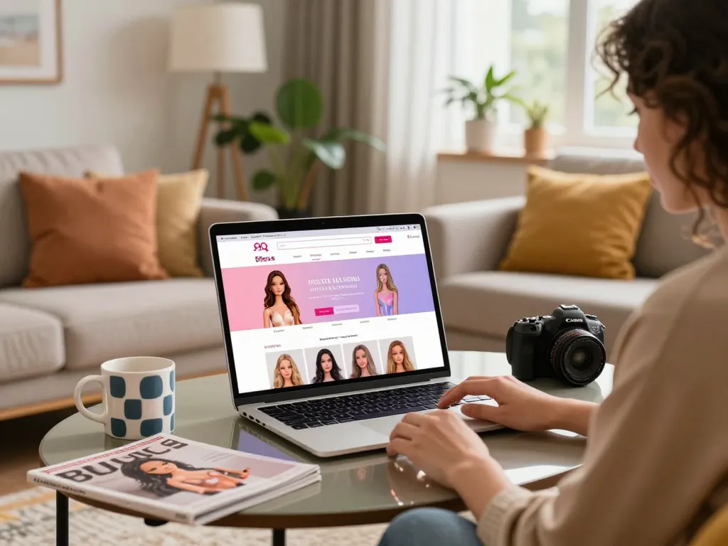 Ansprechende Online-Shopping-Szene für Sofort Lieferbar Sexpuppen in einem gemütlichen Wohnzimmer.