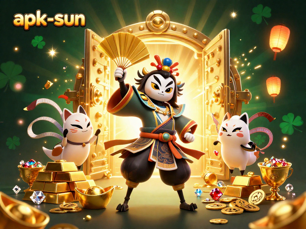 Join apk-sun for a thrilling experience, featuring vibrant kabuki characters and gold treasure in a dynamic casino scene.