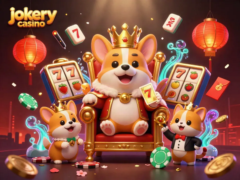 Experience the thrill of jokery casino with a royal corgi on a poker chip throne among dynamic gaming elements.