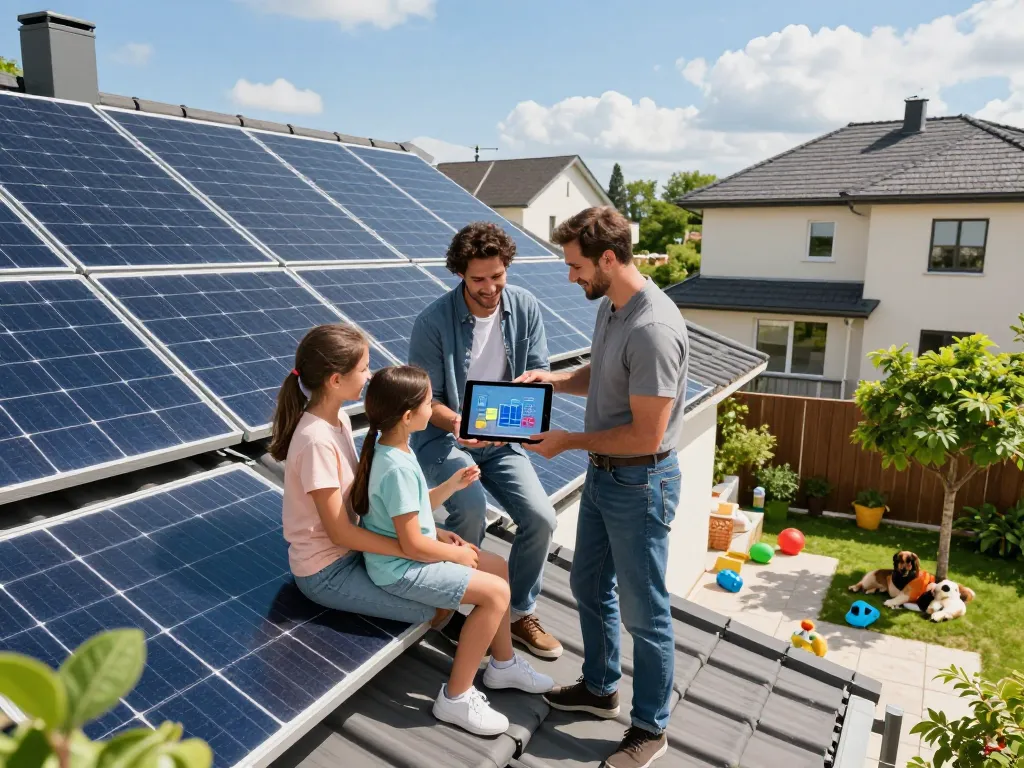 Familie diskutiert Photovoltaik Wien Optionen mit einem Solartechniker, zeigt die Installation von Solarstromanlagen im eigenen Zuhause.