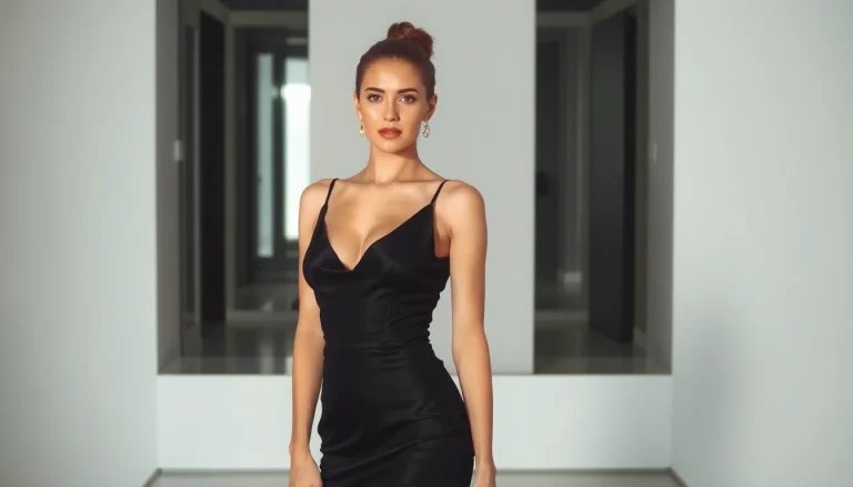 Frau in elegantem schwarzem Minikleid steht vor einem stilvollen Hintergrund