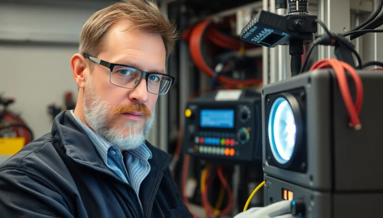 Techniker führt eine DGUV V3 Prüfung an elektrischen Geräten durch, um Sicherheit zu gewährleisten.