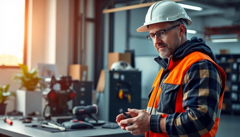 Techniker führt eine DGUV V3 Prüfung elektrischer Geräte durch, in einem professionellen Arbeitsumfeld mit Sicherheitswerkzeugen.